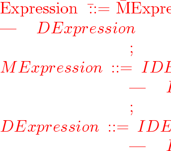 \begin{program}
Expression~~\=::=~\=MExpression~
\ ~~~~~~~~~~~~~~~~~~~~~~~~\ g...
 ...~symbols:~\{EOF\}
\ ~~~~Resolved~in~favor~of~the~first~production.\end{program}